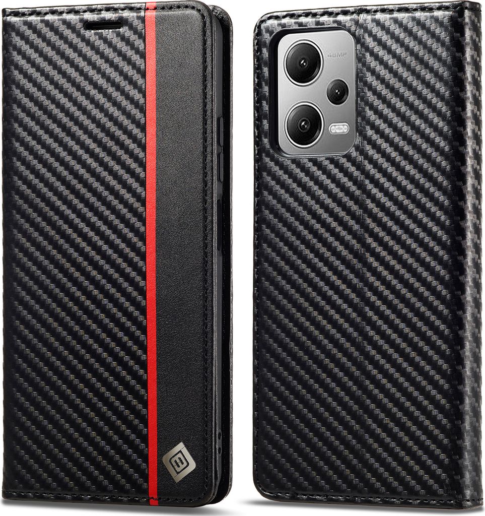 Hülle für Xiaomi Poco X5 Pro /Redmi Note 12 Pro 5G Kohlefaser Leder Brieftasche Schutzhülle mit Standfunktion Schwarz Vertikale Rot