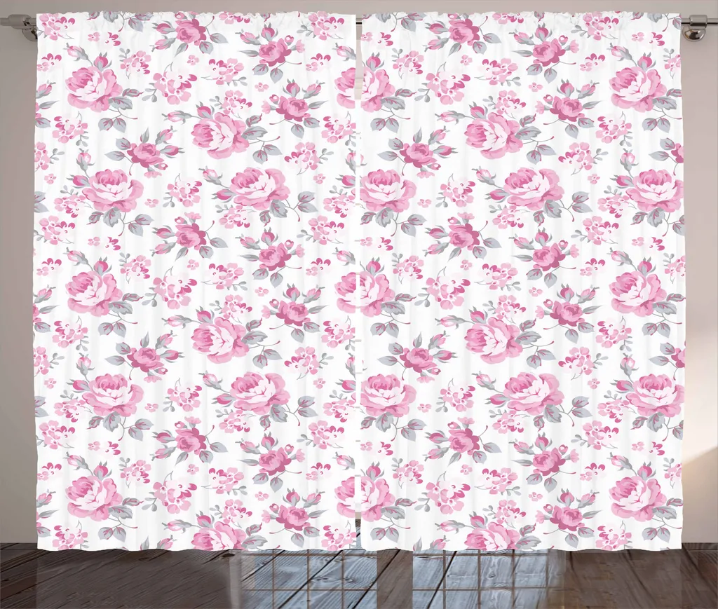 ABAKUHAUS Tenda rustica shabby chic, rose rosa primavera, tende universali per soggiorno con passanti e ganci, 280 x 175 cm, rosa pallido bianco grigio