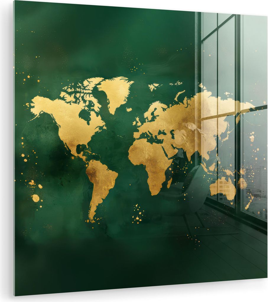 MuchoWow Glasbilder - Bilder auf Wandbild - Foto auf Glas Weltkarte - Grün - Gold 90x90 cm Wanddekoration aus Glas - Acrylglasbild - Acrylbilder -...