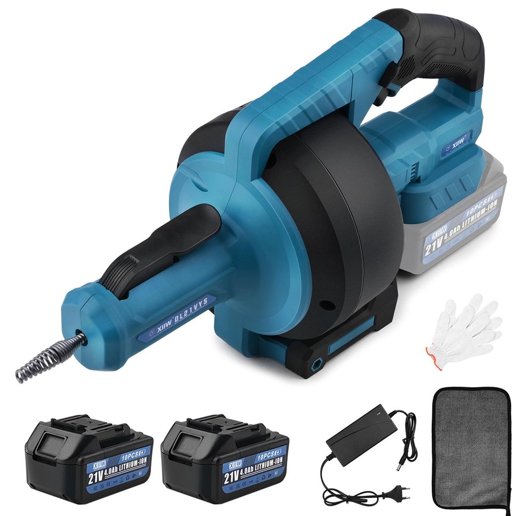 Lithium Ionen Akku betriebener Abflussreiniger mit zwei Akkus und einem Ladegerät, mit großer Akkukapazität.