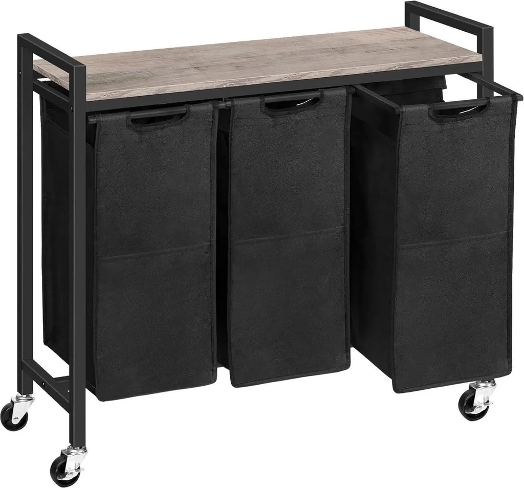 Panier à linge 3 compartiments avec étagère 3x39L en tissu Oxford Gris