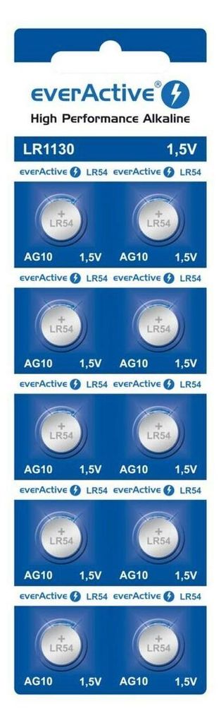 A blister pack of 10 button cell batteries.