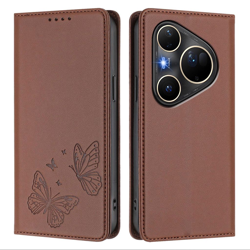 Lederhülle für Huawei Pura 80 Ultra, Schmetterling Prägung Leder Brieftasche Schutzhülle mit Ständer Braun