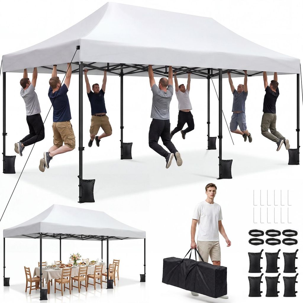 VOWNER Pavillon 3x6m, Faltpavillon wasserdicht stabil, Partyzelt höhenverstellbar, Gartenzelt UV50+, 420D Oxford, m. Tasche, weiß