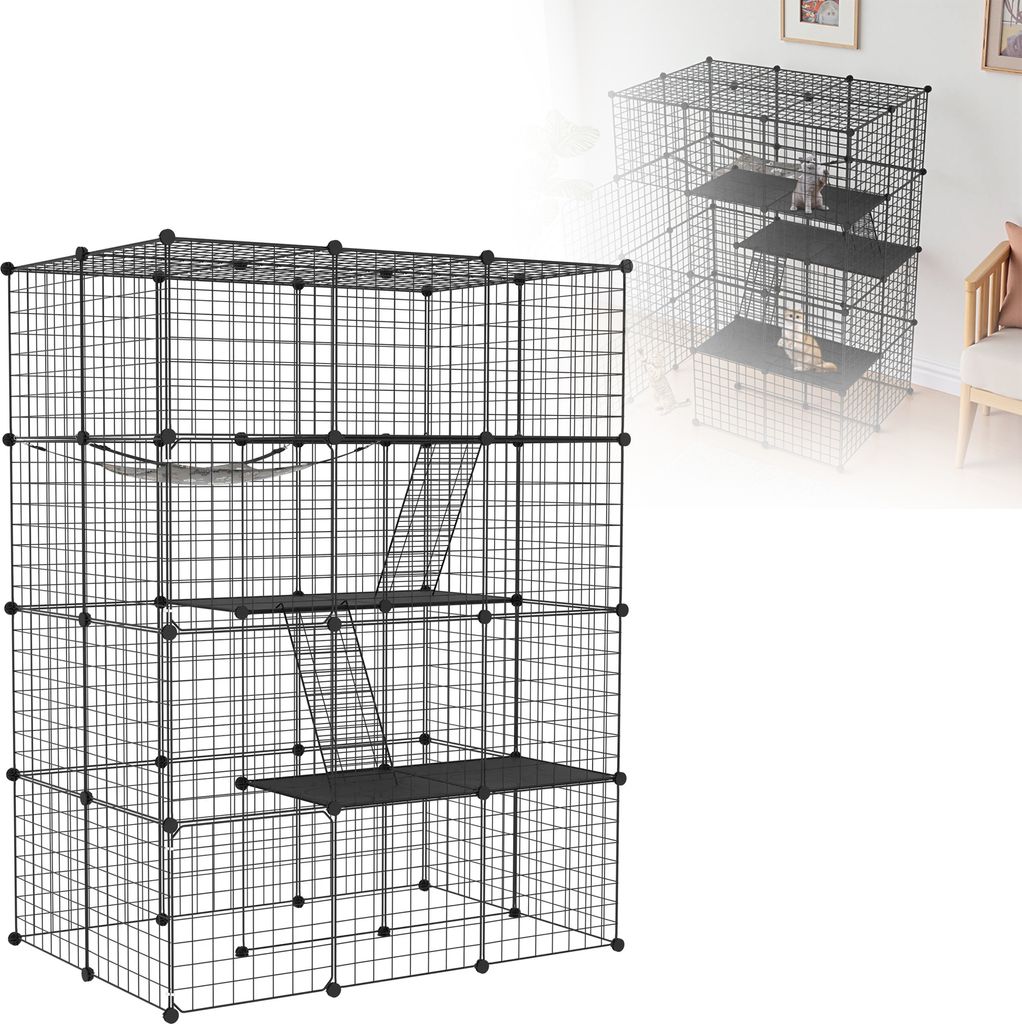 LZQ Großer Katzenkäfig für Innen & Außen 146x110x74 cm – 4-stöckiges Katzengehege mit Metallgitter, rutschfester Bodenplatte & Hängematte, ...