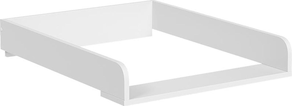 A white changing table topper with raised edges, shown from a slightly elevated diagonal angle against a white background.