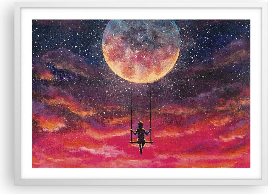 Gerahmtes Poster - Weißer Rahmen - Mond Schaukel Frau - 70x50 cm - Wand Bild - Wanddeko - Wandbilder - Kunstposter - Wandposter - Bilderrahmen - B...