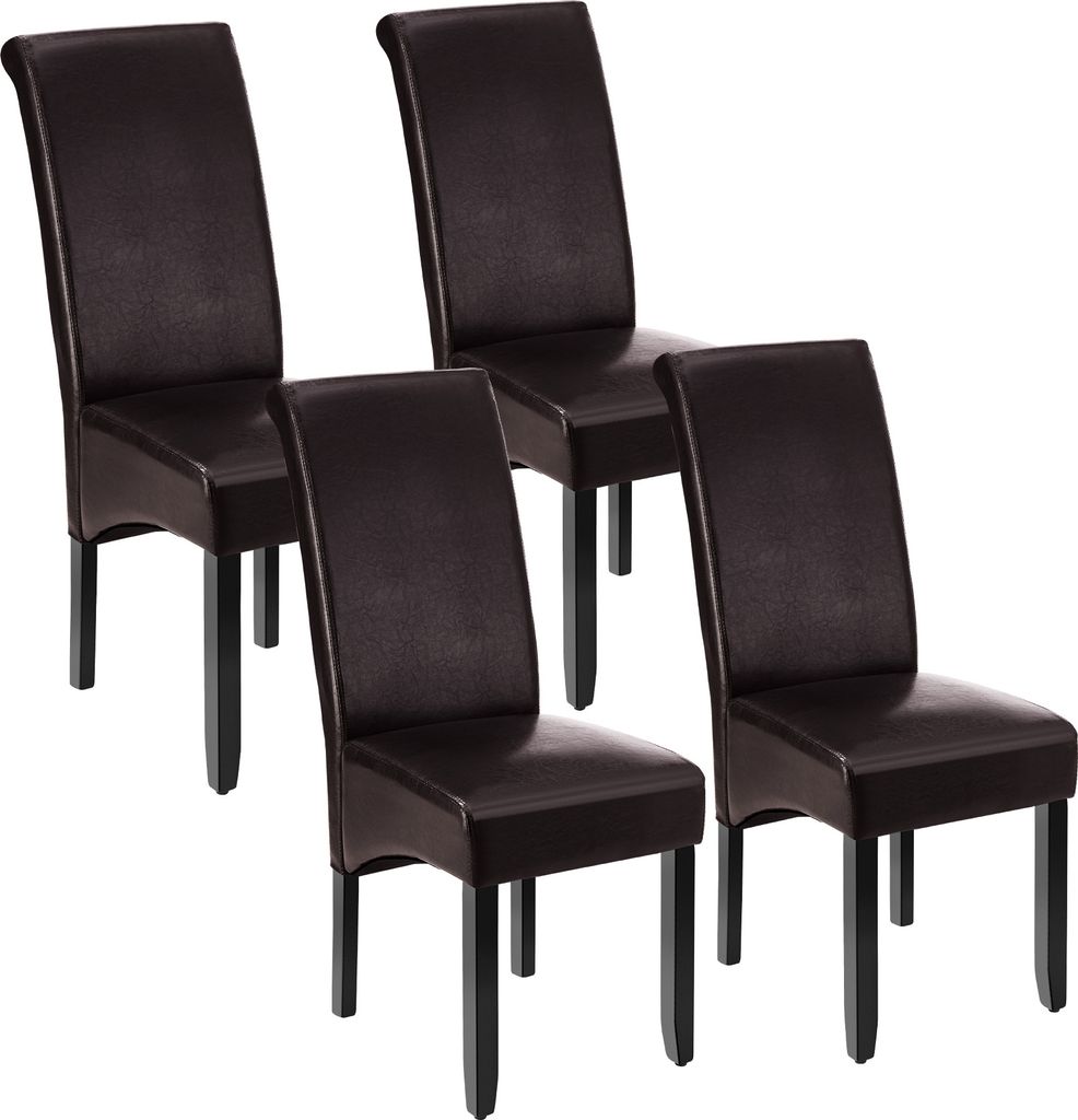 Four brown dining chairs are arranged in a group against a white background.