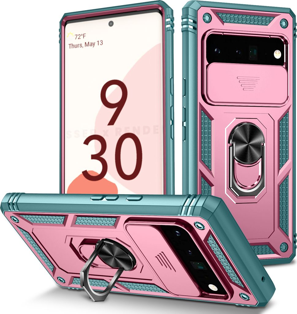 Google Pixel 6 Pro Hülle, Schiebe Kamera Schutz Robust Stoßfest Schutzhülle mit Ringhalterung Ständer Kartenhalter für Google Pixel 6 Pro Pink