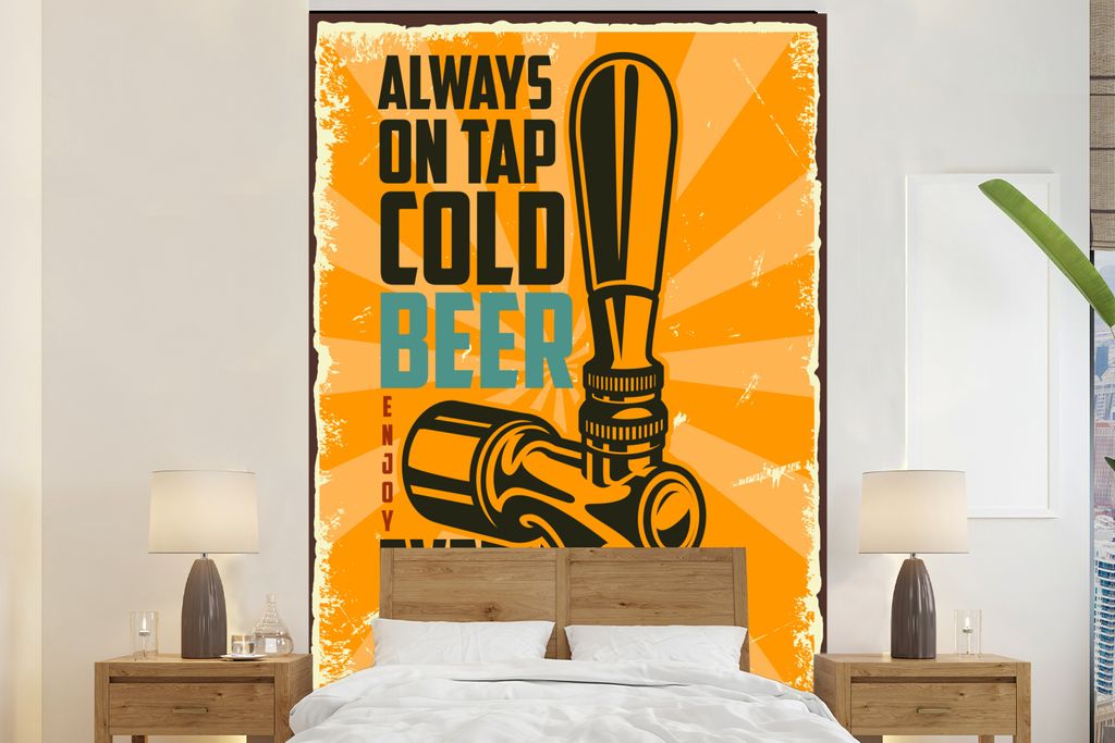 MuchoWow Fototapete für Wohnzimmer oder Schlafzimmer Wandtapete Vinyl Motivtapete Mannshöhle - Bierpumpe - Vintage - Zeichnung - 200x300 cm - W...