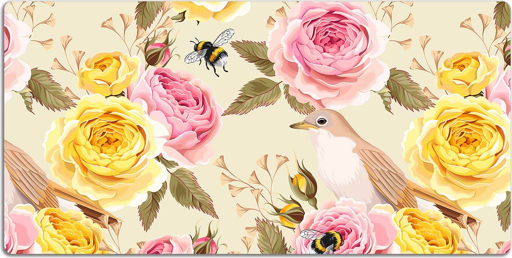 Schreibtischmatte Tischunterlage 90x45 cm Mauspad - Vögel und Rosen