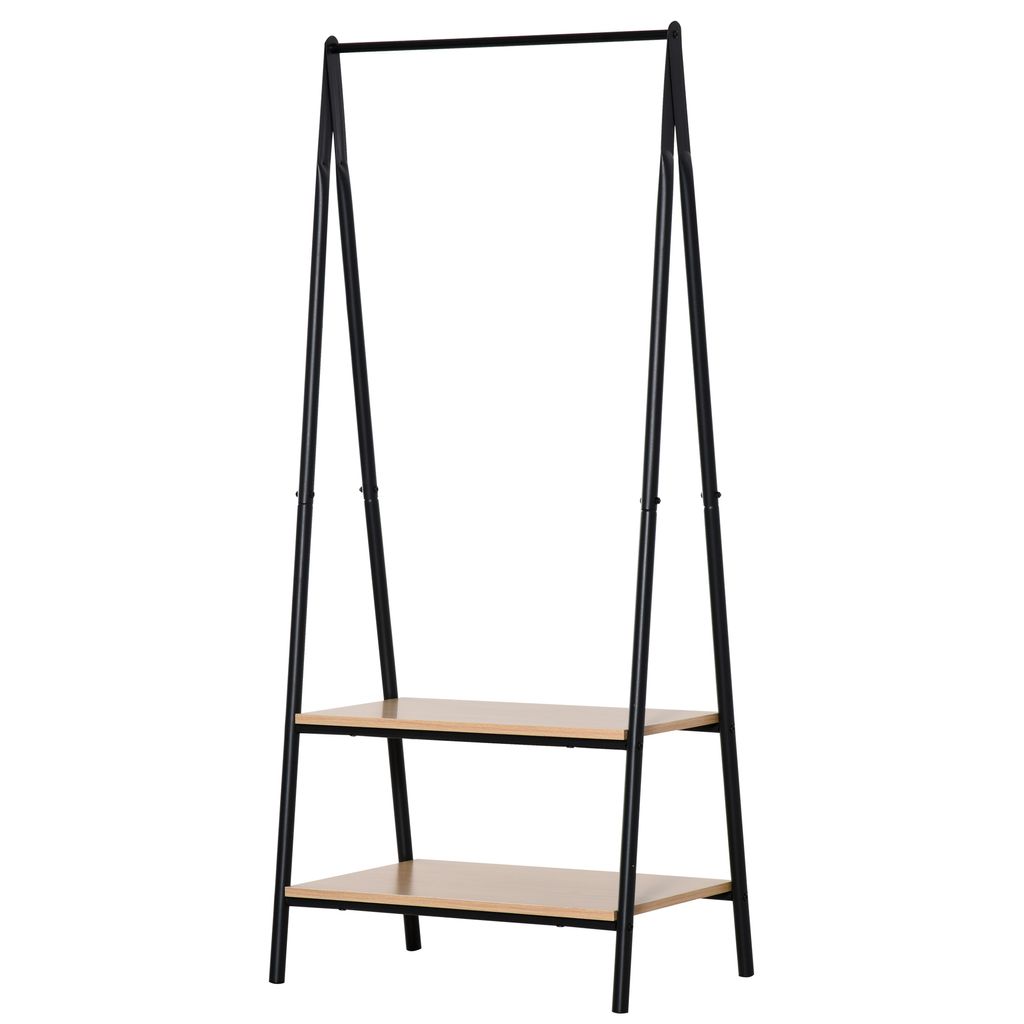 HOMCOM Gaderobenständer Kleiderständer Kleiderstange mit Schuhablage Wäscheständer Metall + Holz Schwarz + Natur 64 x 42,5 x 149 cm