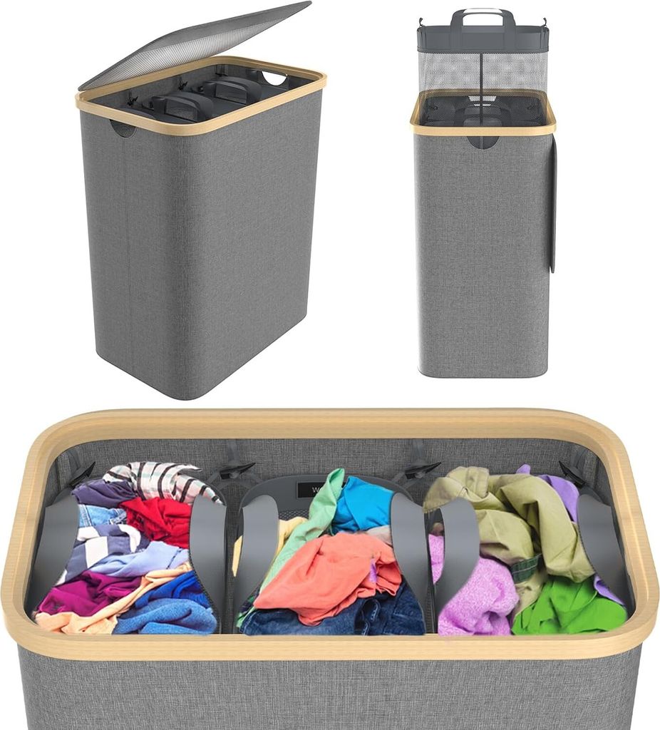 TRMLBE Wäschekorb mit Deckel 140L Wäschesammler inkl. 3 Fächer Waschbarer Wäschesack & Handgriff, ausziehbar Wäschesortierer abnehmbar Wäsche...
