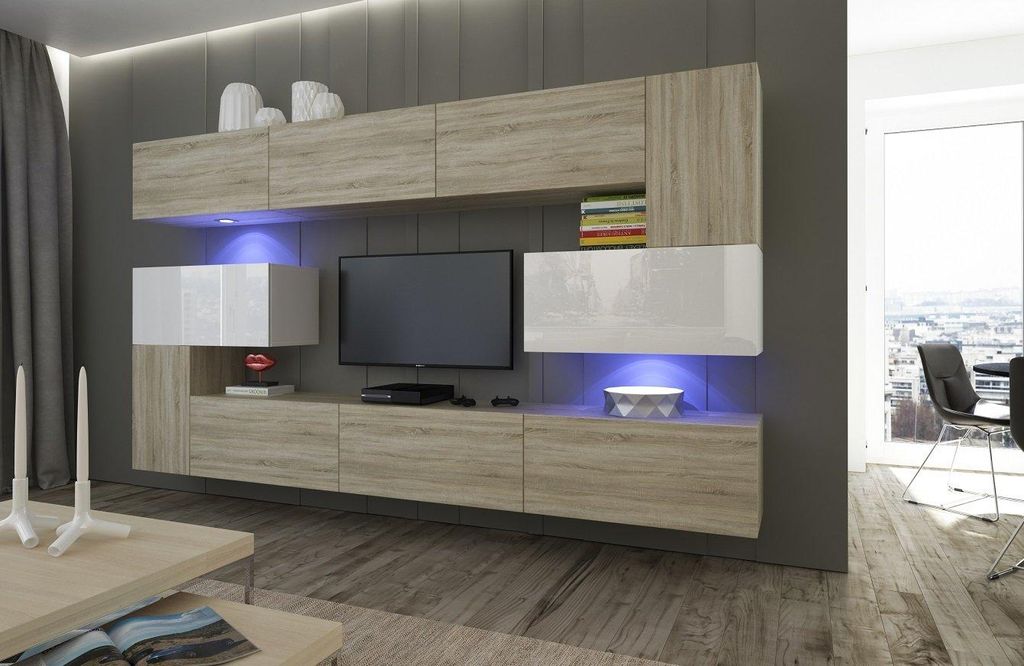 Furnitech Wohnwand Wohnzimmer - Hängend Wohnwand Modern - Regale und TV Schrank - Wohnzimmer Möbel ohne LED (Albania AN3-17SW-HGM41 1A)