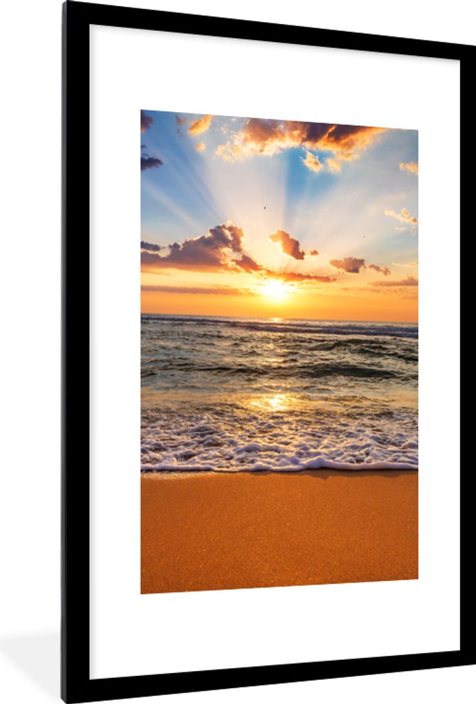 MuchoWow Gerahmtes Poster Strand - Sonnenuntergang - Meer - Wolken - Horizont 60x90 cm - Poster mit Schwarzem Bilderrahmen Wandposter Rahmen Foto...