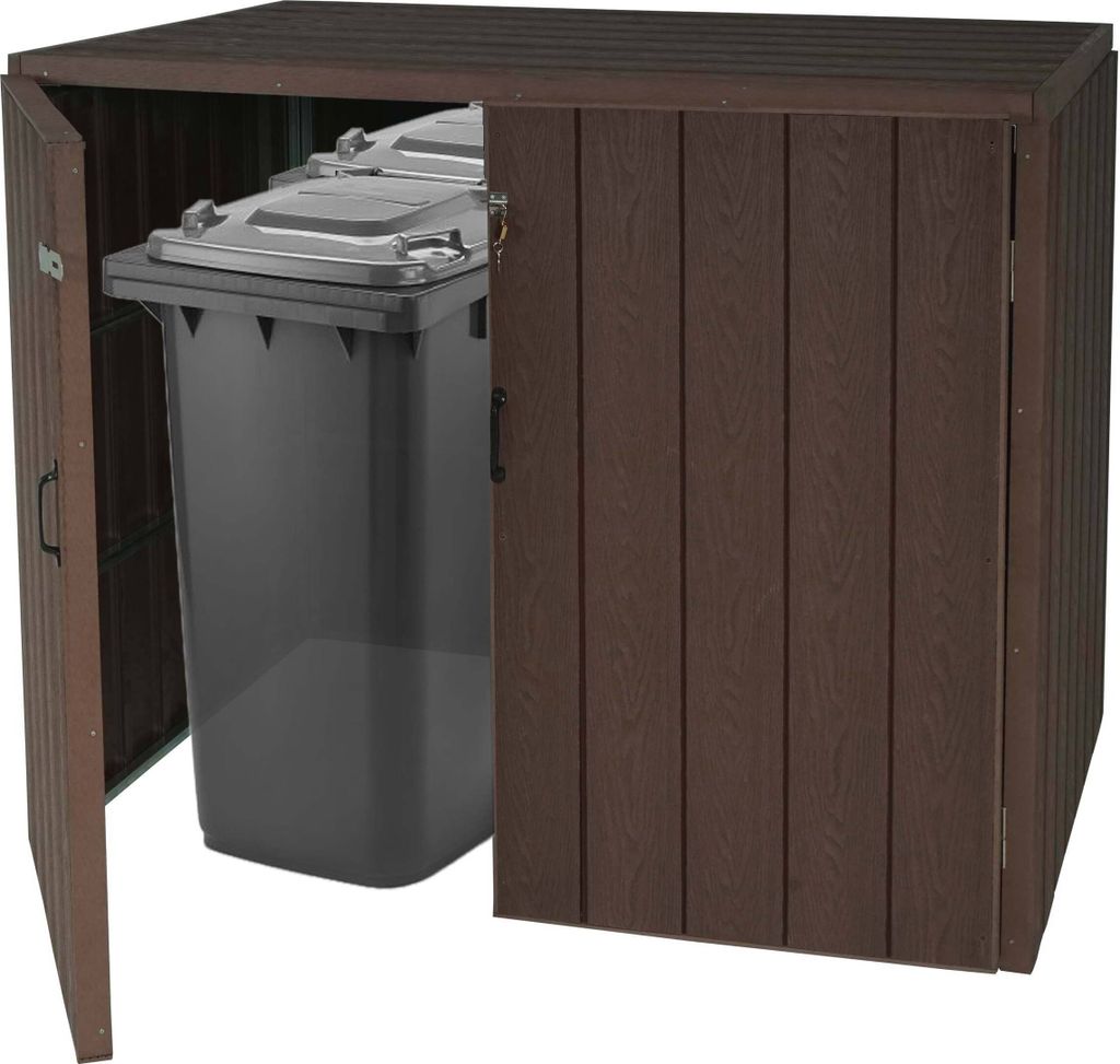 XL 2er-/4er-WPC-Mülltonnenverkleidung HWC-J28, Premium Mülltonnenbox, Metall Holzoptik, erweiterbar braun