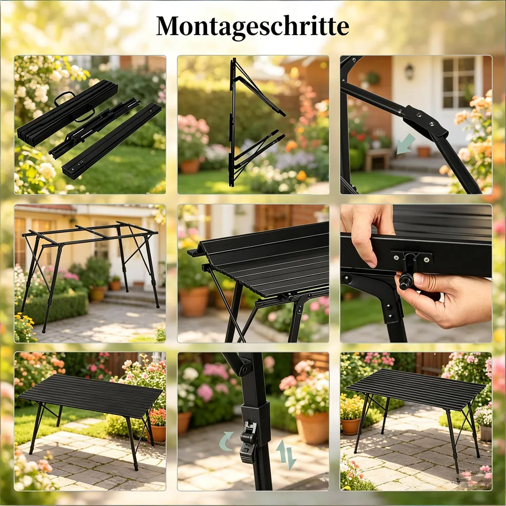 Table de camping pliable à hauteur réglable avec plateau en aluminium