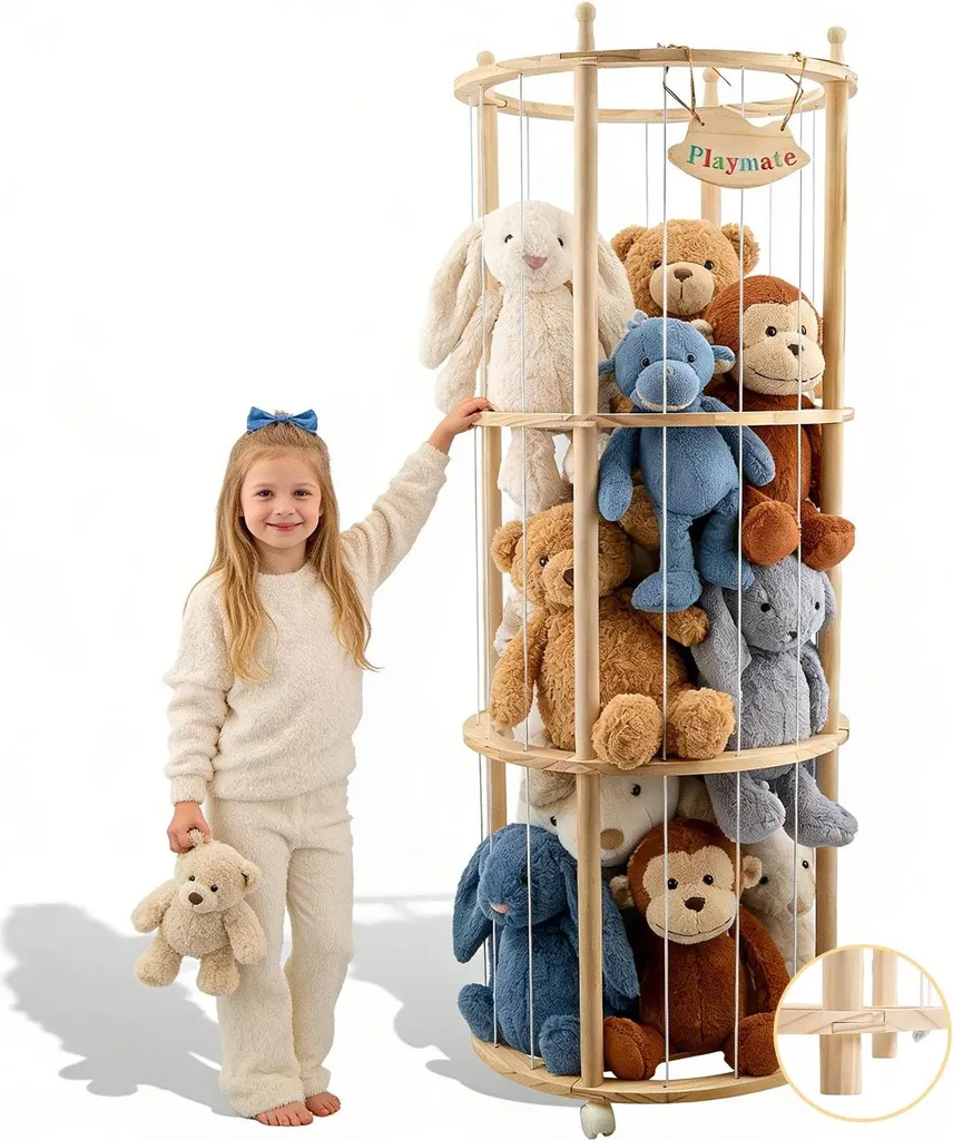 Rangement peluches en bois pivotant à 360° grande capacité 138x41 cm