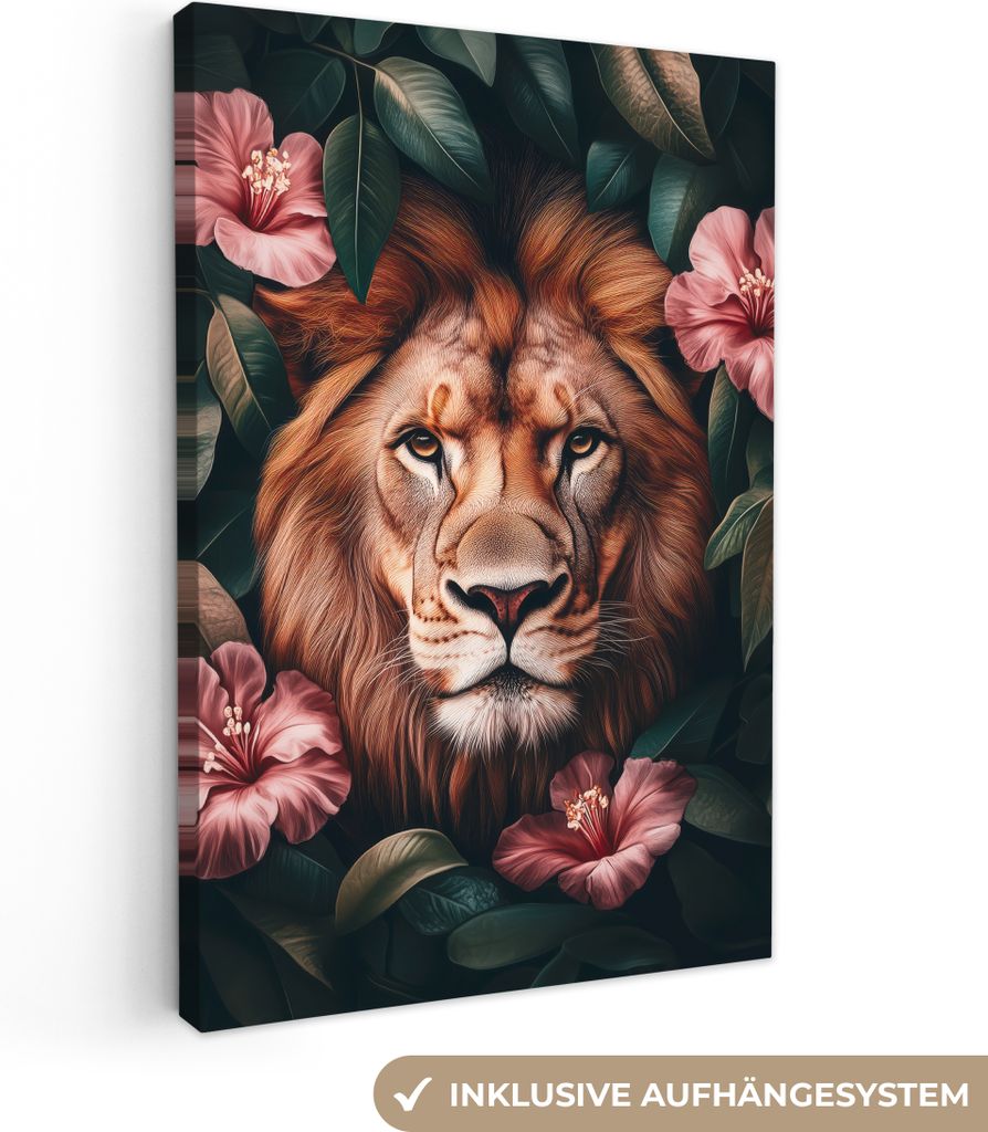Leinwandbilder 40x60 cm - Tiere, Blumen - Löwe - Botanisch, Bilder Wohnzimmer Modern, Wanddeko