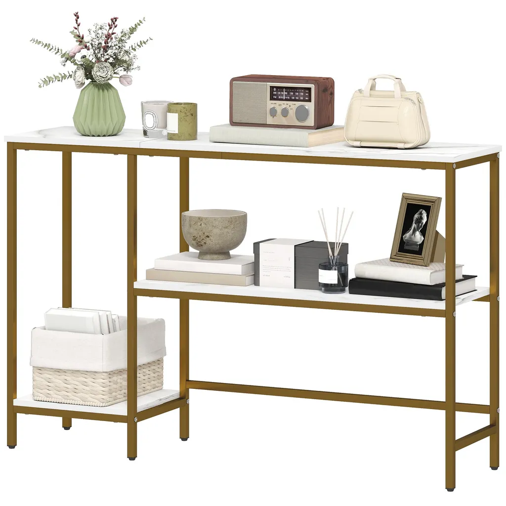 Console 120 cm gain de place : rangement chic blanc et doré marbre