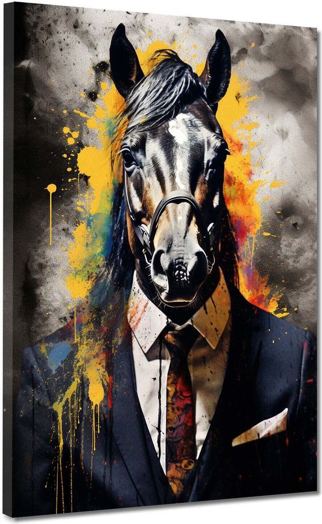 Pferd im blauen Anzug Leinwandbild Wandbild Kunstdruck XL Wanddeko: 90x120x2cm