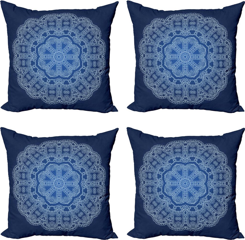 ABAKUHAUS Blauer Mandala Kissenbezug Set (4 Stück), Aufwändige Blumen, Moderner Doppelseitiger Digitaldruck, 40 cm x 40 cm, Dark Blue White and Blue