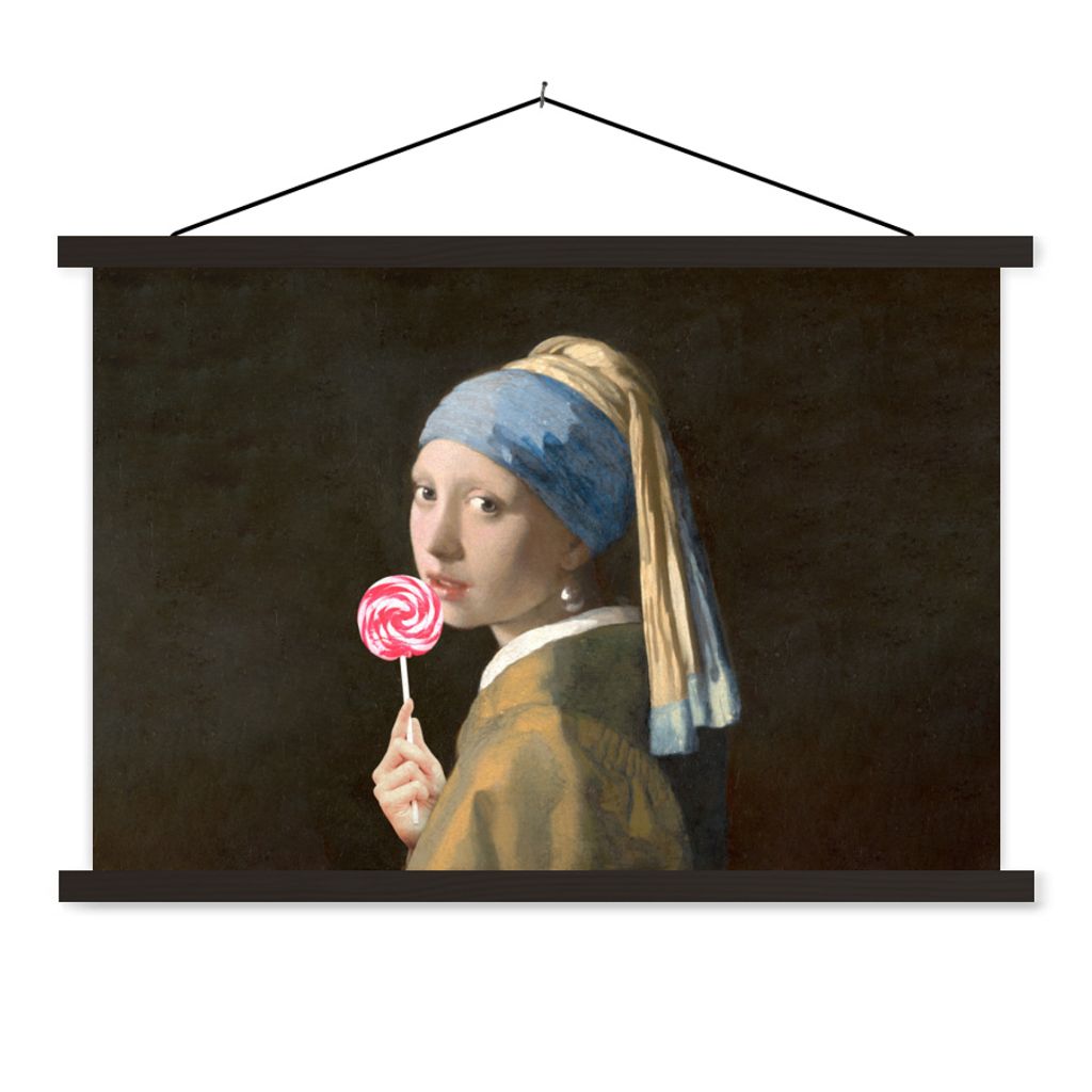 MuchoWow Textilposter Mädchen mit Perlenohrring - Johannes Vermeer - Lollipop 60x40 cm mit schwarzem Rahmen - Hölzernes