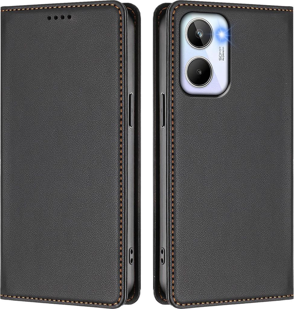 Handyhülle für Realme 10 4G, Kunstleder Klapphülle Stoßfeste Magnetische Hülle mit Ständer Schwarz