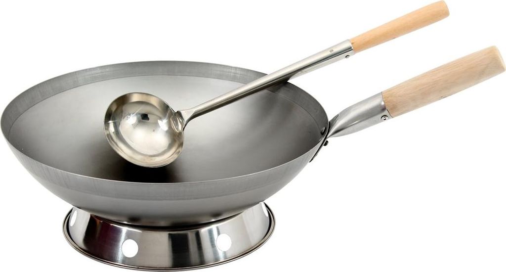 WOK SET, 31RB-K02-R04, Wok Pfanne 31 cm Ø runder Boden + Wok Kelle + Wok Ring