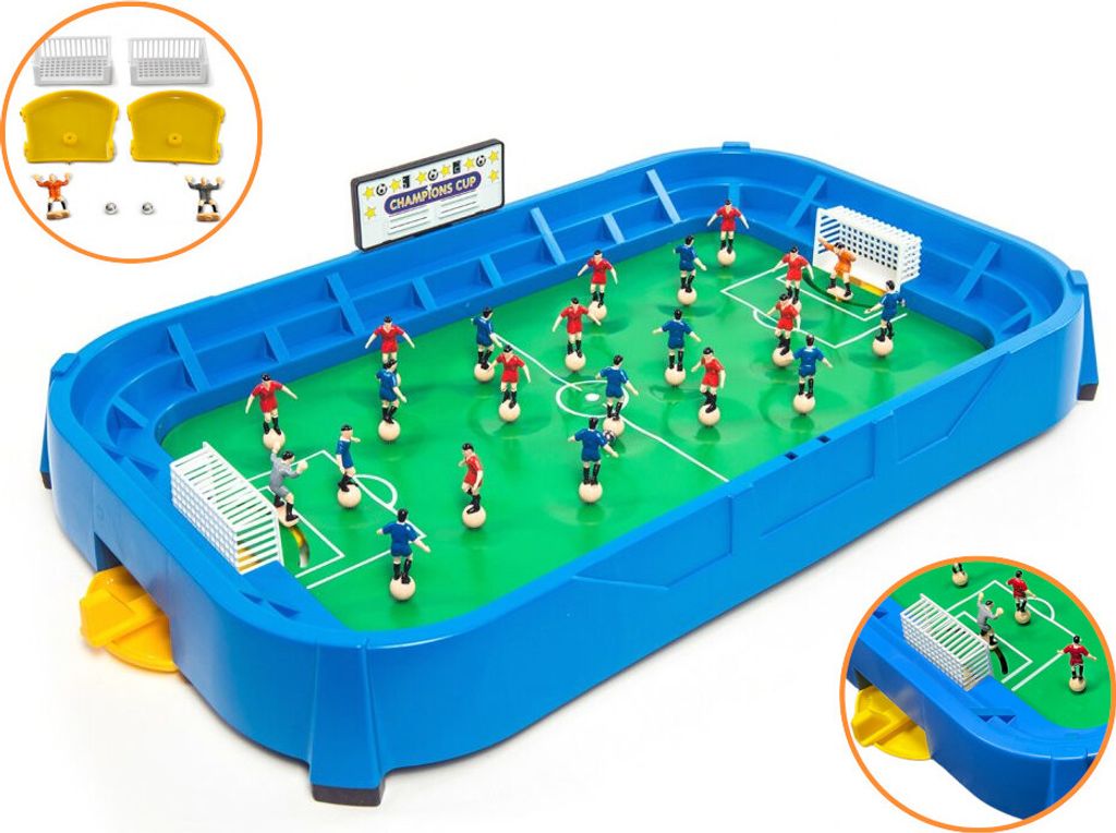 A table football game with players on a green field, set against a white background.