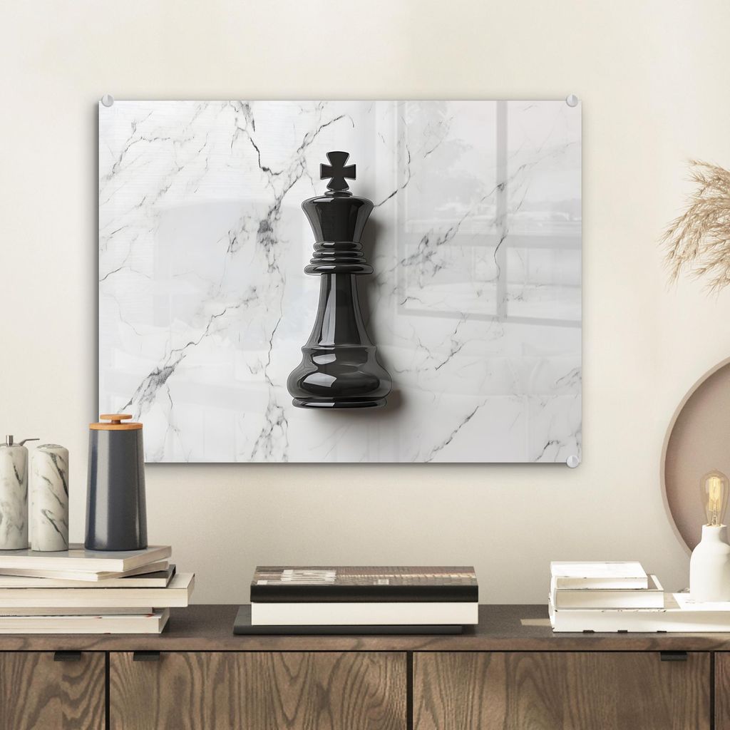 MuchoWow Glasbilder - Bilder auf Wandbild - Foto auf Glas Schachfigur - König - Schwarz - Marmor 40x30 cm Wanddekoration aus Glas - Acrylglasbild ...