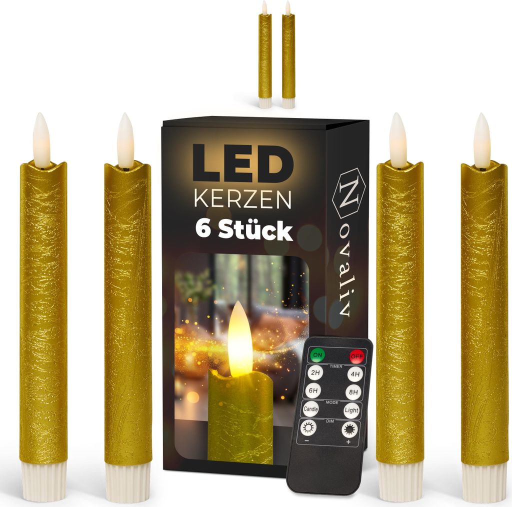 Stabkerzen LED mit Timer GOLD 6 Stück Indoor 6 Stunden ECHTWACHS 18cm Höhe für Kerzen 2,2cm Durchmesser 2 AAA Batterien notwendig LED Stabkerzen...