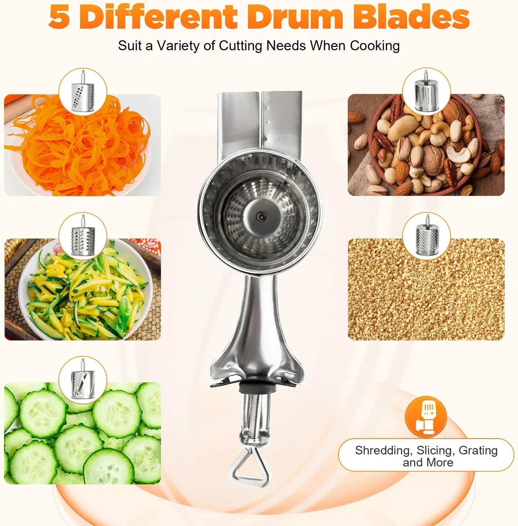 Grattugia Rotante Professionale 5 Lame Inox Argento per Formaggio e Verdure - 10