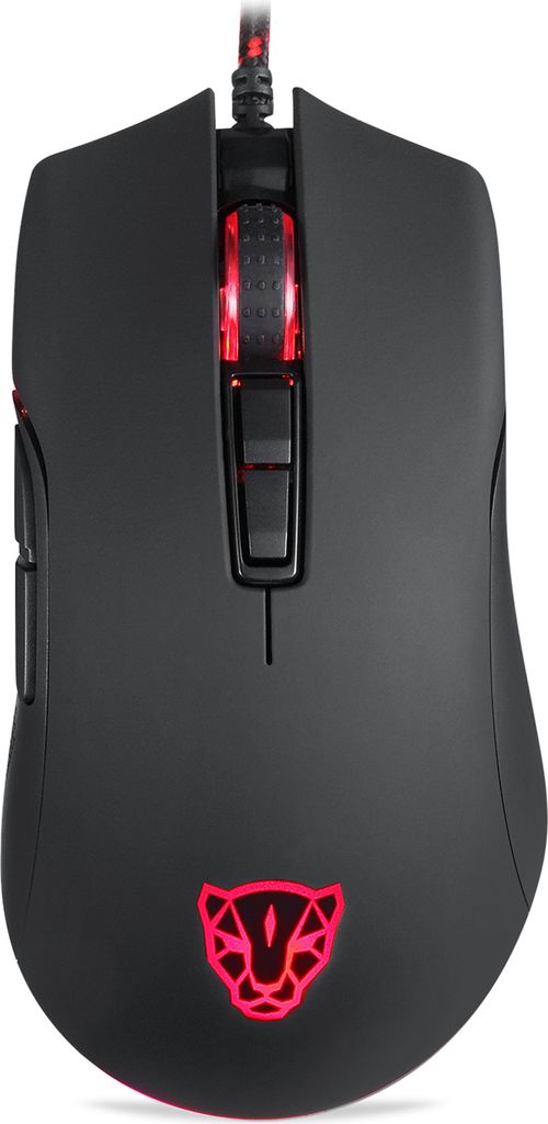 A top-down view of a black gaming mouse with red LED lighting.