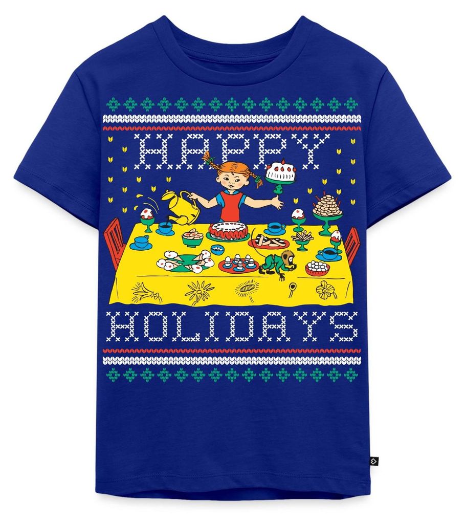 Spreadshirt Pippi Langstrumpf Happy Holidays Ugly Christmas Kinder Premium T-Shirt, 110/116 (4 Jahre), Royalblau