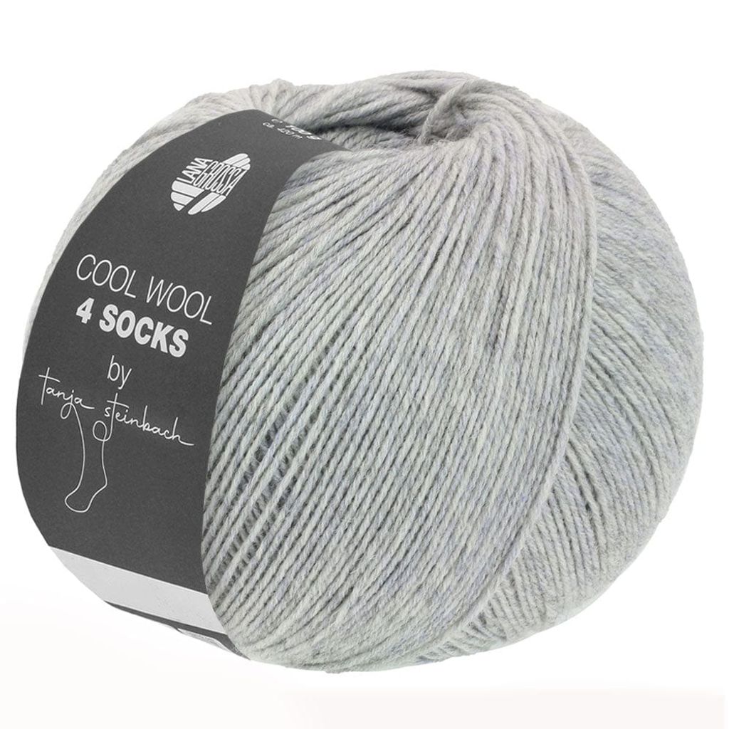 A ball of grey yarn with a black label.
