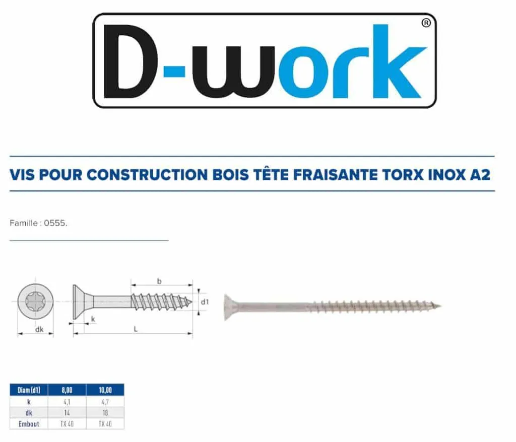 50 Vis Bois Tête Fraisée Torx T40 8 x 160 mm Inox A2 D-Work pour Fixation