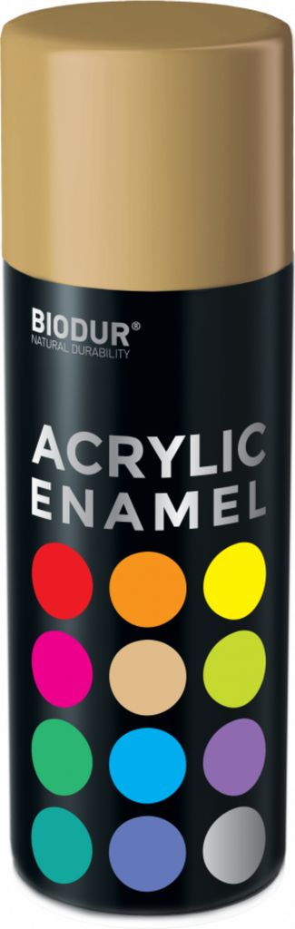A spray can of Biodur Acrylic Enamel paint, showing the brand name, product type, and a grid of color swatches.