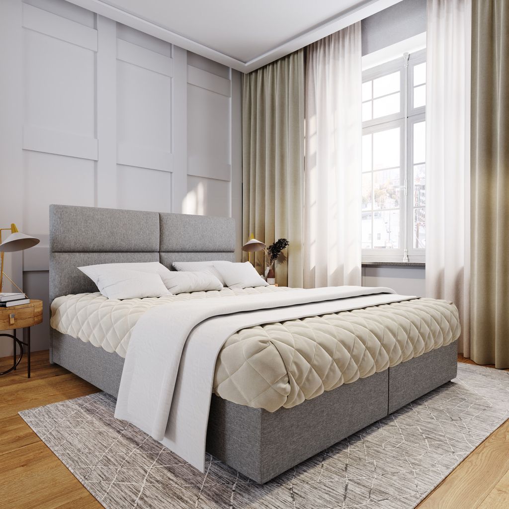 Masseno Boxspringbett LONIS 180x200 cm Komplett-Set mit Bonell Matratze und Topper, Polsterbett mit Bettkästen -Hellgrau, SAWANA 21