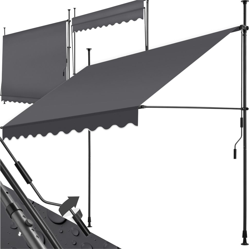Three gray awnings are shown against a white background. The largest awning is in the foreground, angled towards the viewer. Two smaller awnings are visible behind it, also angled.