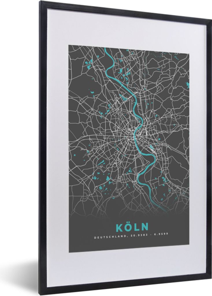MuchoWow Gerahmtes Poster Deutschland - Blau - Köln - Stadtplan - Karte 40x60 cm - Poster mit Schwarzem Bilderrahmen Wandposter Rahmen Foto Bild...