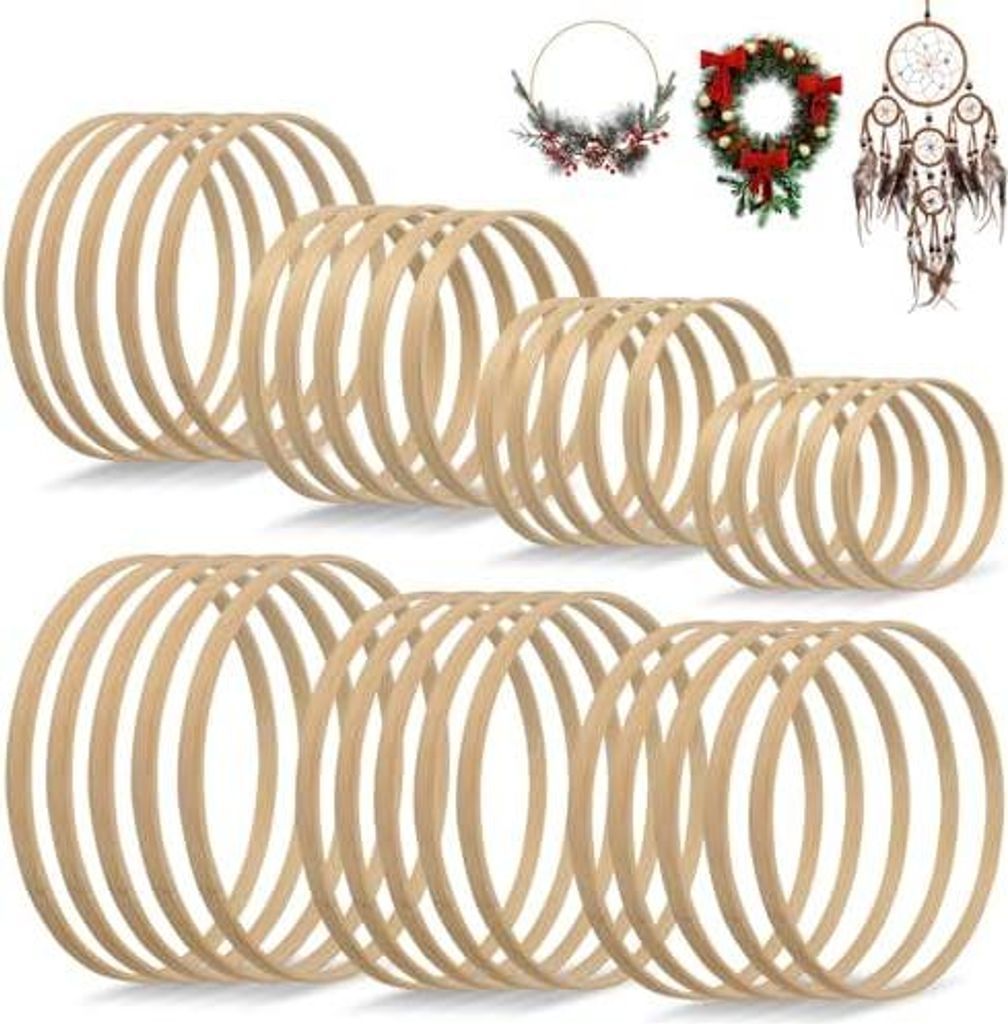 35 Stück holzringe zum basteln, 7 Größen Holzringe 8/10/13/15/17/18/20cm, Bambus Bastelringe Holz für Traumfänger, Hochzeitskranz und Wandbehang