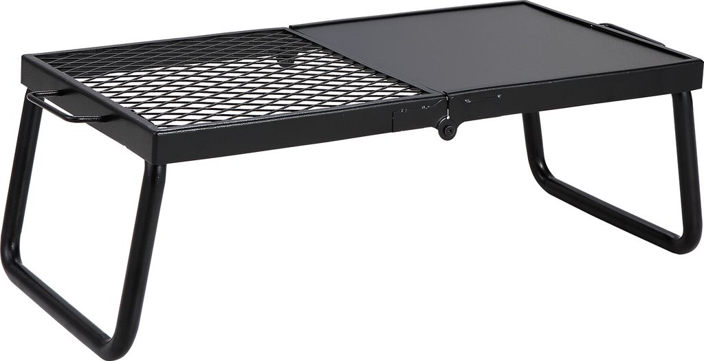 A black metal folding grill with legs, shown from a slightly elevated front-left angle against a white background.