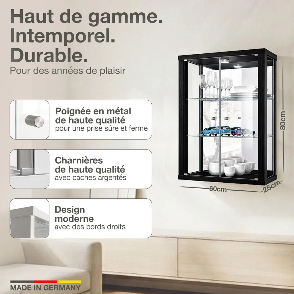 K-Möbel Vitrine Suspendue Noire 80x60cm avec Miroir et Éclairage LED - 2