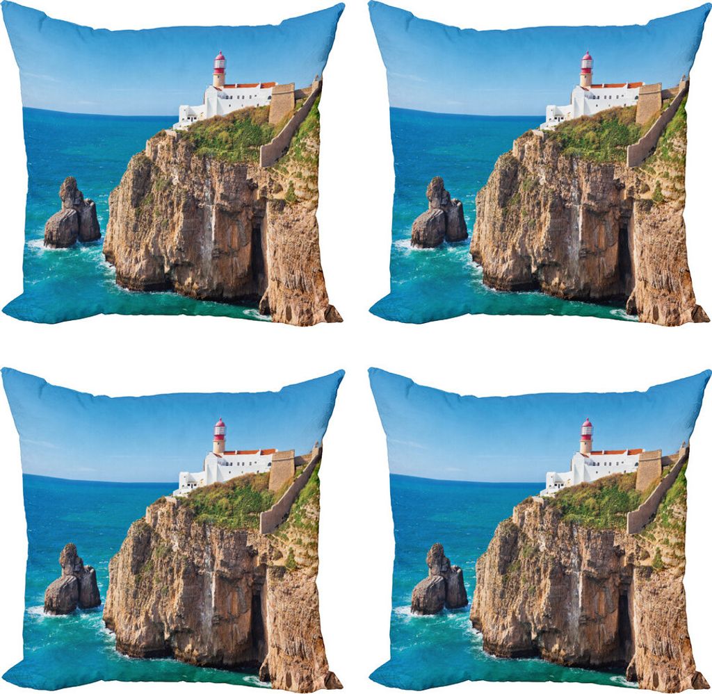 ABAKUHAUS Leuchtturm Kissenbezug Set (4 Stück), Cliff Rock Sunny Day, Moderner Doppelseitiger Digitaldruck, 50 cm x 50 cm, Mehrfarbig