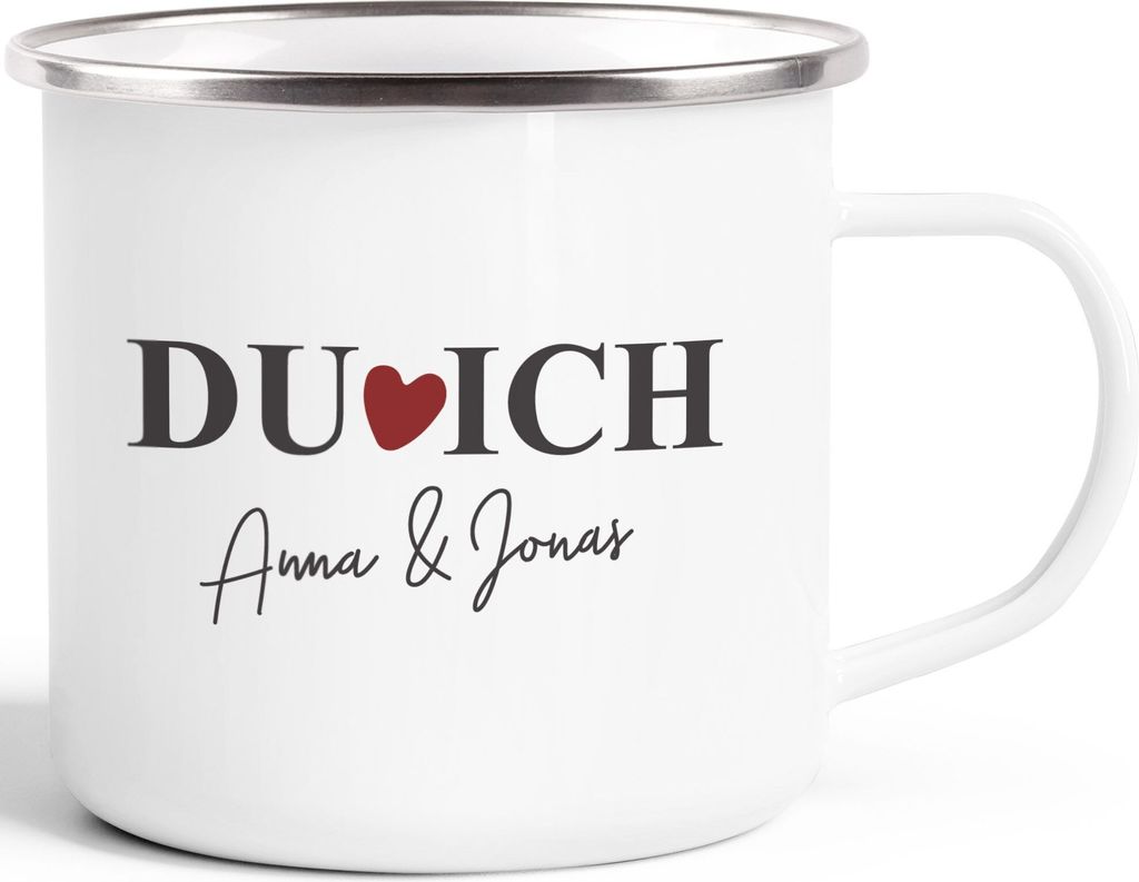 Emaille-Tasse personalisiert Liebe "Du Ich" mit Namen Geschenk zu Valentinstag Weihnachten Hochzeitstag SpecialMe weiß-metall Emailletasse