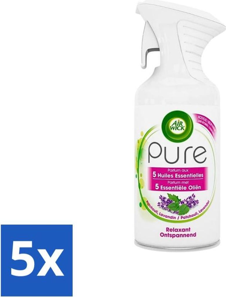 Air Wick Pure – Raumspray – Ätherische Öle – Lavendel – 250 ml - Vorteilspack - 5 Stücke