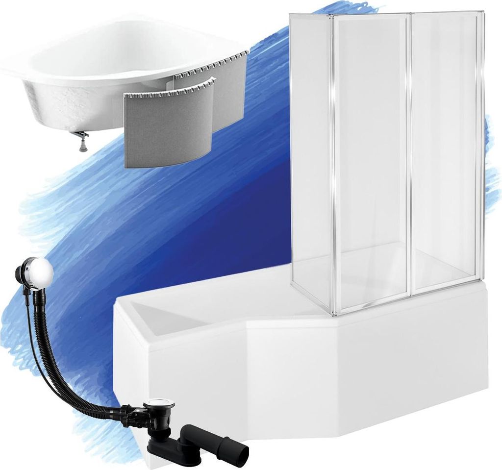 BADLAND Eckbadewanne Badewanne Integra RECHTS 150x75 mit Glasabtrennung, Ablaufgarnitur, Füßen und Styroporverkleidung GRATIS
