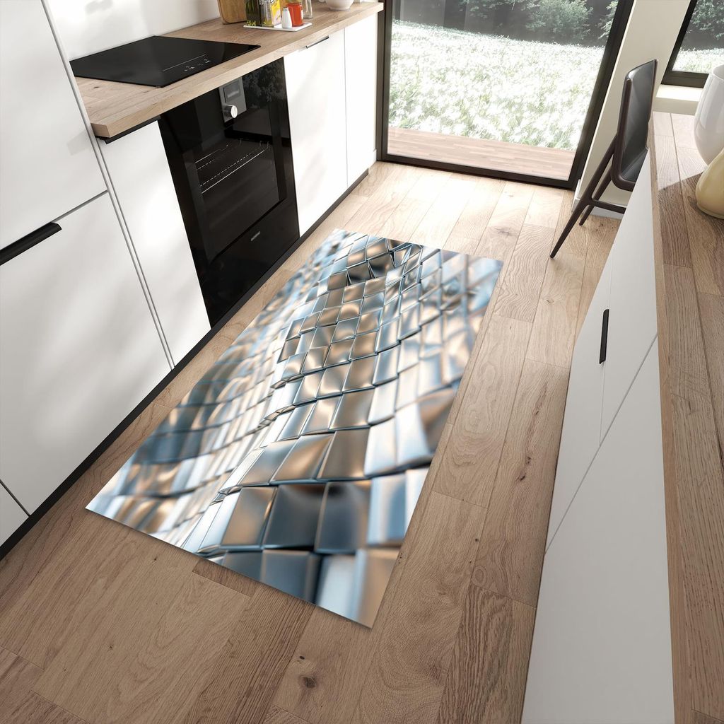 Küchenteppich 90x180cm rutschfest & abwischbar PVC Läufer - Metallische Fläche