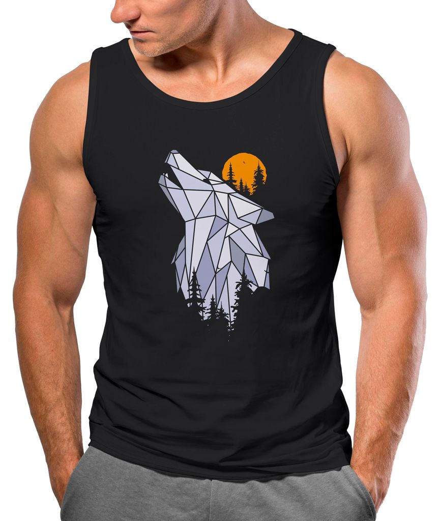 Herren Tank-Top Shirt Polygon Print Wolf Wald Outdoor Adventure Natur Tiermotiv Muskelshirt Neverless schwarz XL